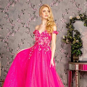 NEW FORMAL A-LINE SLEEVLEESS OFF THE SHOULDER DRESS WITH FLORAL APPLQIUE GL3443